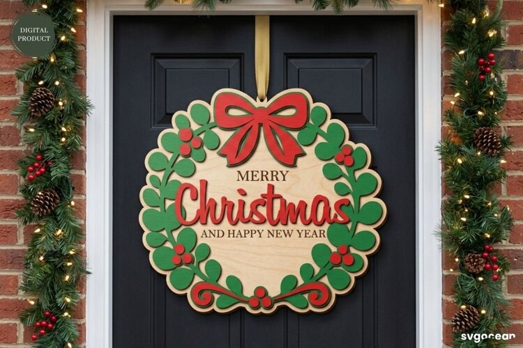 Christmas Door Sign Laser Cut | Xmas Wreath Sign | SVG example image 1