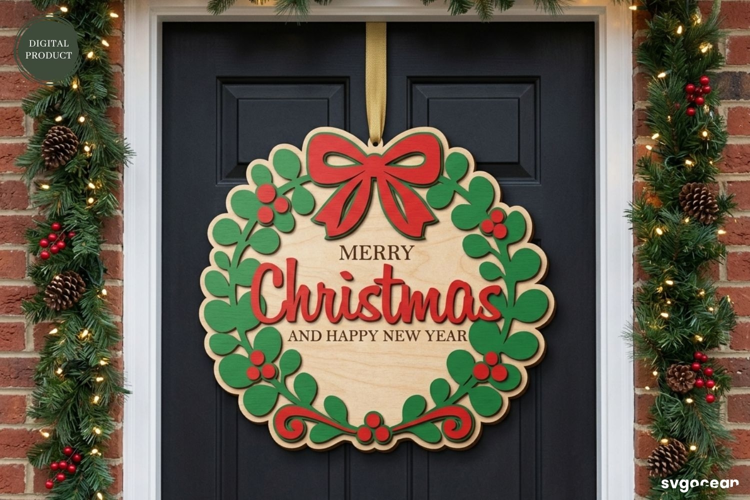 Christmas Door Sign Laser Cut | Xmas Wreath Sign | SVG