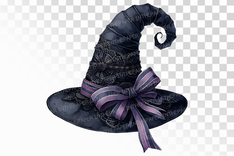 Ornate Witch Hat Purple Ribbon Lace Halloween PNG