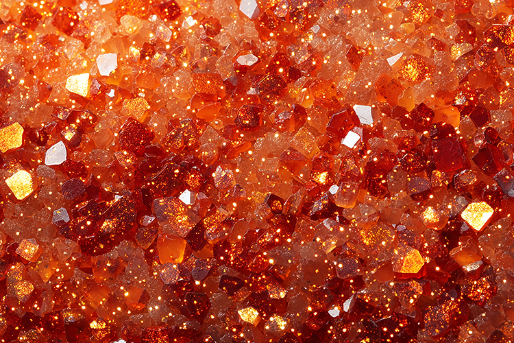 Sparkling red crystals with a glittery texture & orange hues