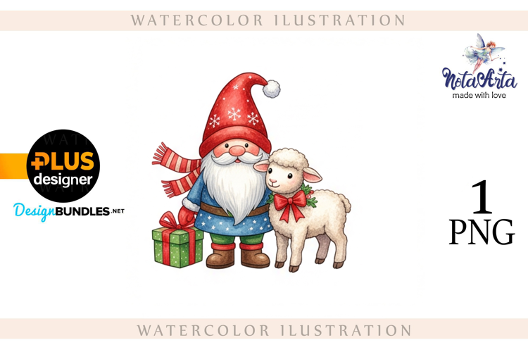 Christmas Gnome Santa with a Sheep in Watercolor Style