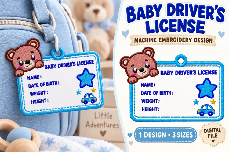 Baby Driver bear ITH Keychain Machine Embroidery Design,