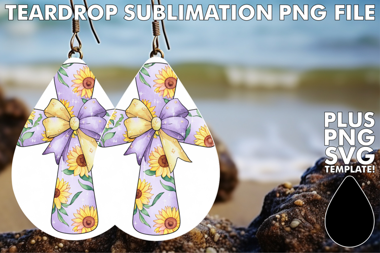 Charming Teardrop Earrings Sublimation, Flower Cross