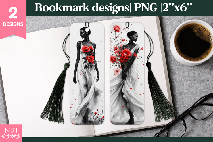 Elegant Bookmark printable Red Roses Black Woman Bookmarks