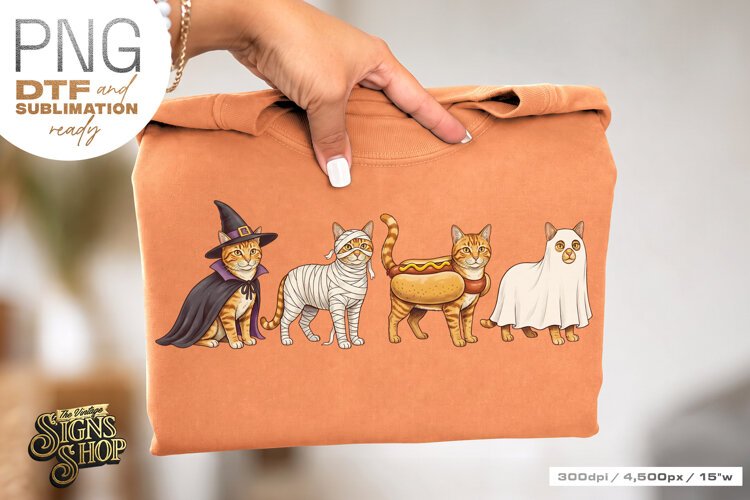Halloween Orange Cat PNG DTF Cute Tabby Costume Cats Design example image 1