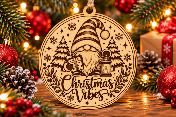Christmas Vibes Gnome Wooden Ornament PNG Laser Cut SVG