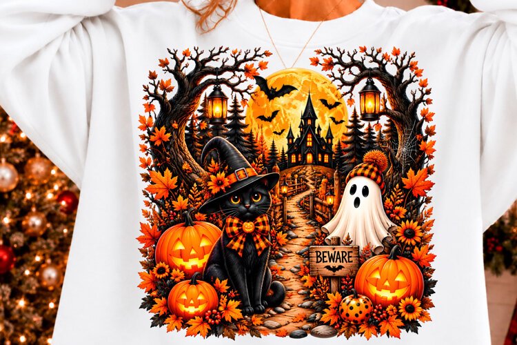 Halloween Haunted Forest Cat T-Shirt Design Spooky Pumpkin example image 1