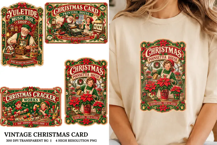 Vintage Christmas Card PNG Snowman Skating Sublimation Craft