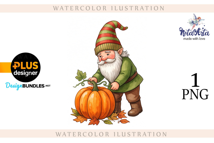 Gnomes with Pumpkin Harvest in Watercolor Style