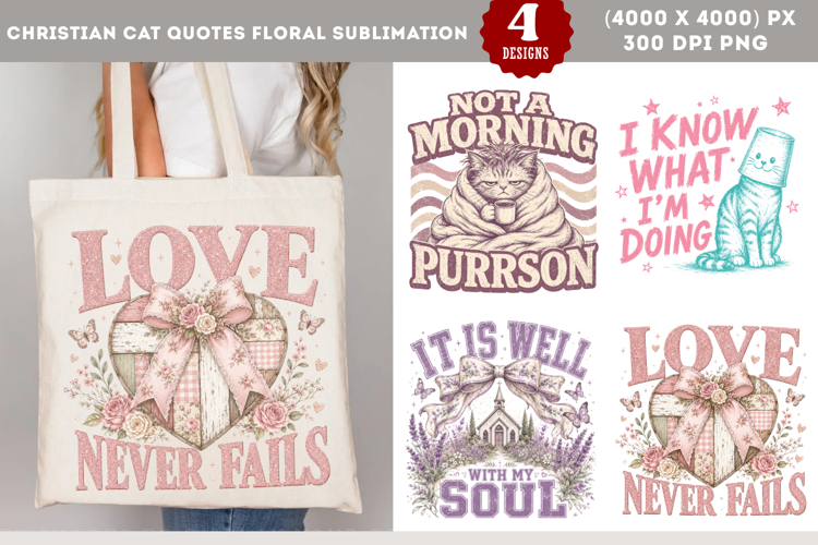 Christian Cat Quotes Floral Sublimation PNG