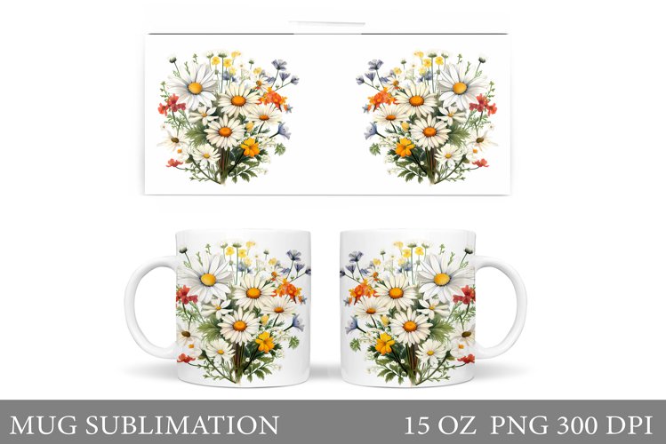Daisy Flowers Mug Sublimation. Flowers Mug Wrap Design