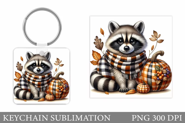 Fall Raccoon Keychain Design. Fall Keychain Sublimation