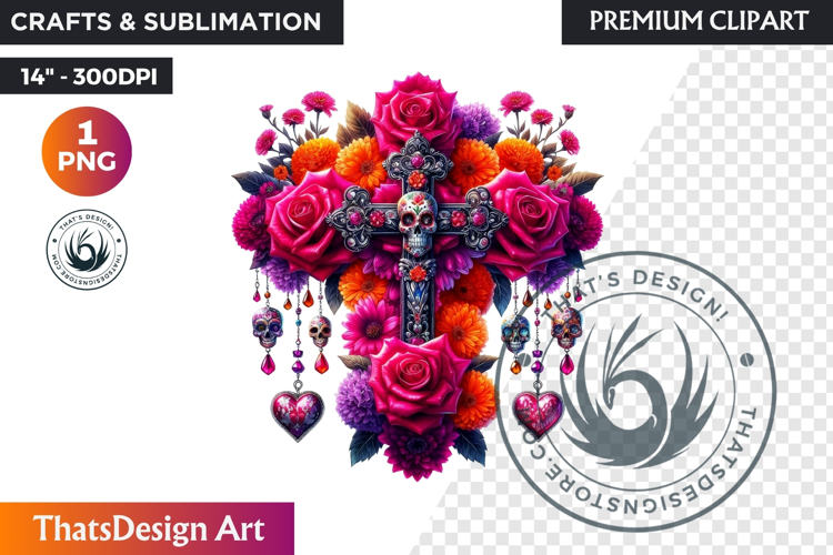 Floral Day of Dead Crosses Clipart Sugar skull PNG catrina