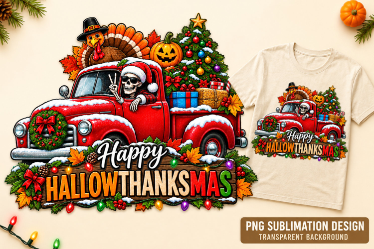 Hallowthanksmas Skeleton Truck PNG, Spooky Christmas Sublima