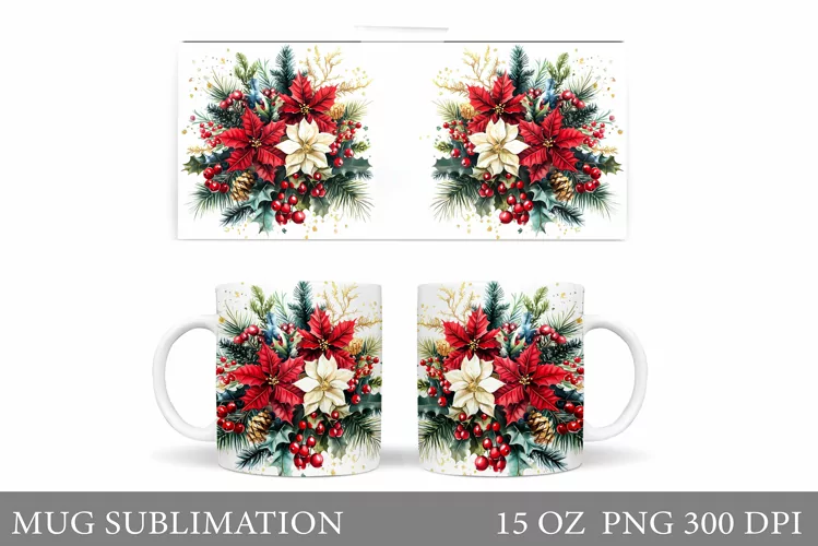 Poinsettia Mug Sublimation. Christmas Mug Design