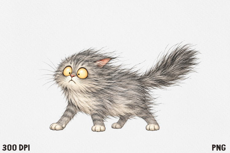 Funny Fluffy Cat Clipart PNG, Cute Crazy Cat Illustration.