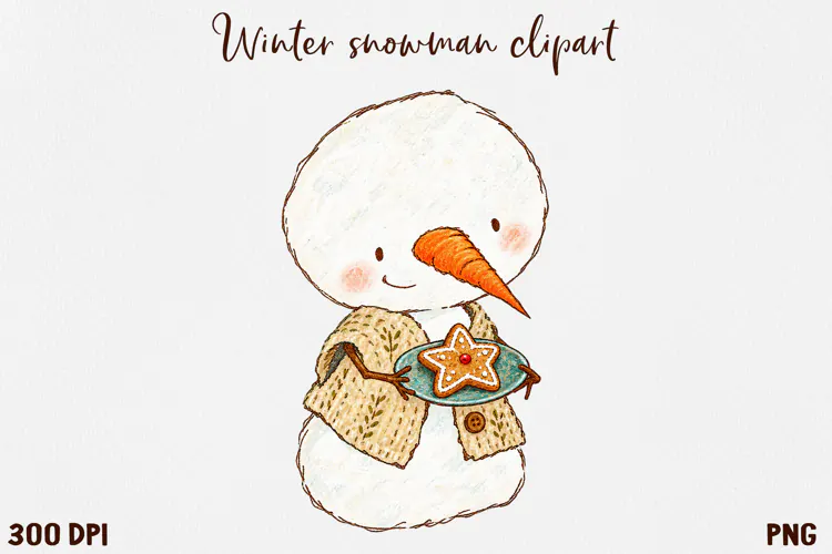 Cute Winter Snowman Clipart, Cozy Christmas Snowman PNG.