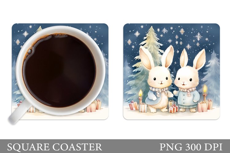 Winter Bunny Square Coaster. Christmas Bunny Coaster Design