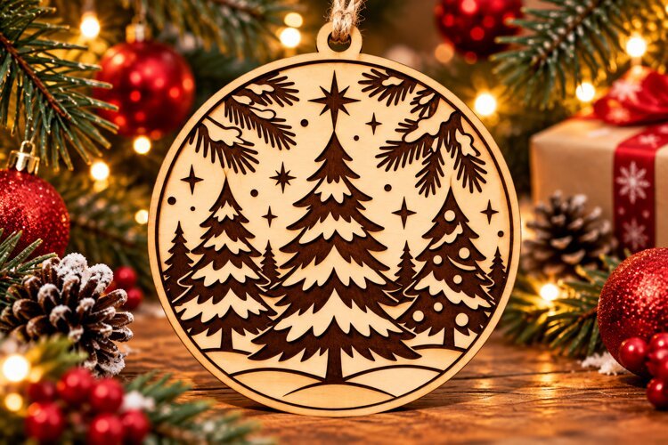 Christmas Pine Forest Wooden Ornament PNG Laser Cut Sv example image 1