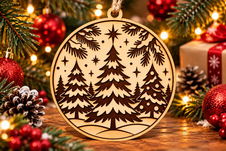 Christmas Pine Forest Wooden Ornament PNG Laser Cut Sv