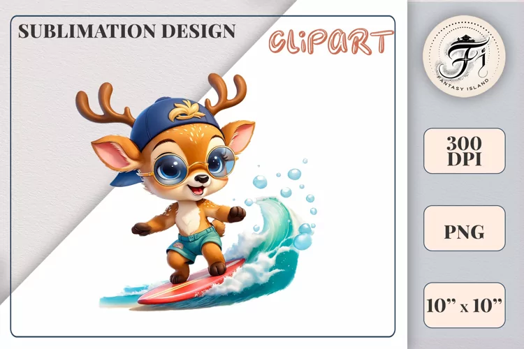 Cute Little Deer Surfer Cartoon| Sublimation Design| Ocean