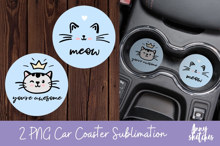 2 Cute Blue Cat Face Car Coaster Sublimation Design PNG