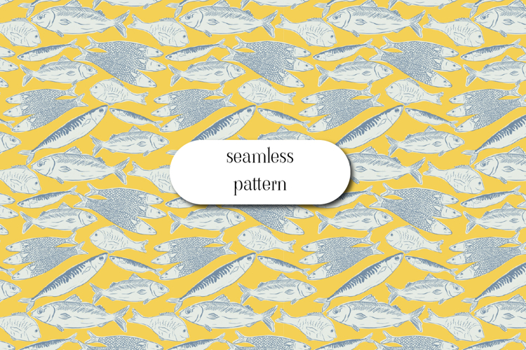 Coastal Fish Seamless Pattern on Yellow Background