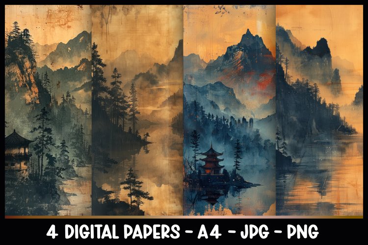 4 Chinese Landscape Digital Papers I Junk Journal