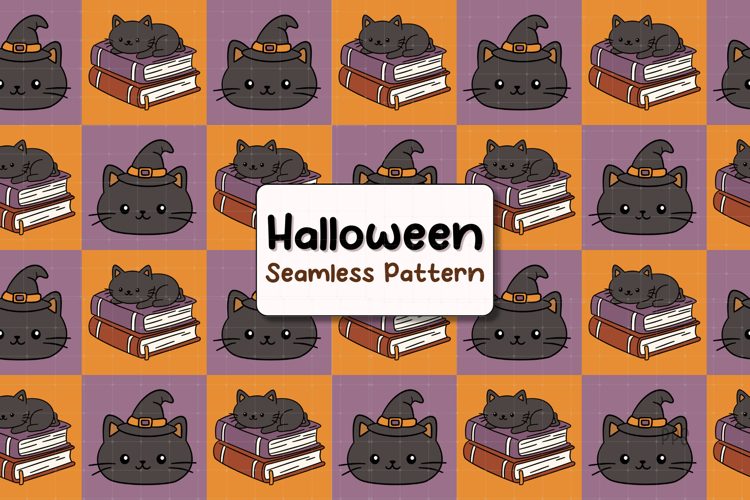 Halloween Seamless Pattern Black Cat Witch and Book