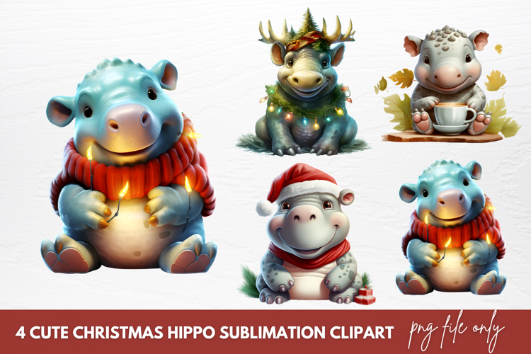 Cute Christmas Hippo Sublimation Clipart