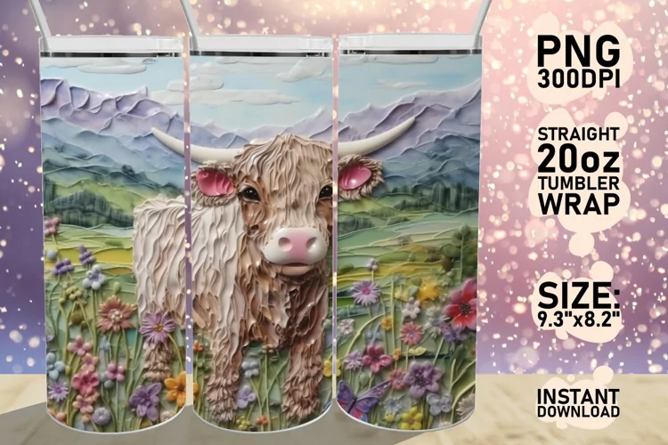 3D Highlands Cow Tumbler Wrap Sublimation 20oz PNG, Flower