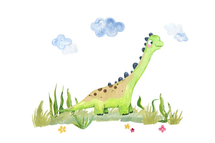 Cute watercolor green long neck diplodocus dinosaur example image 1