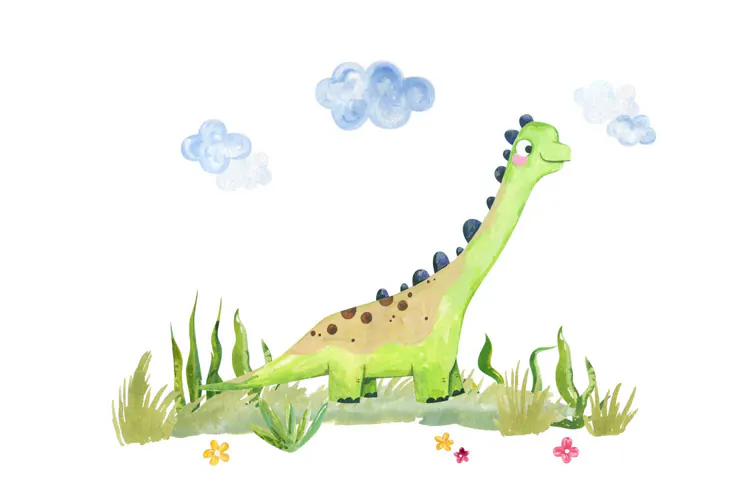 Cute watercolor green long neck diplodocus dinosaur