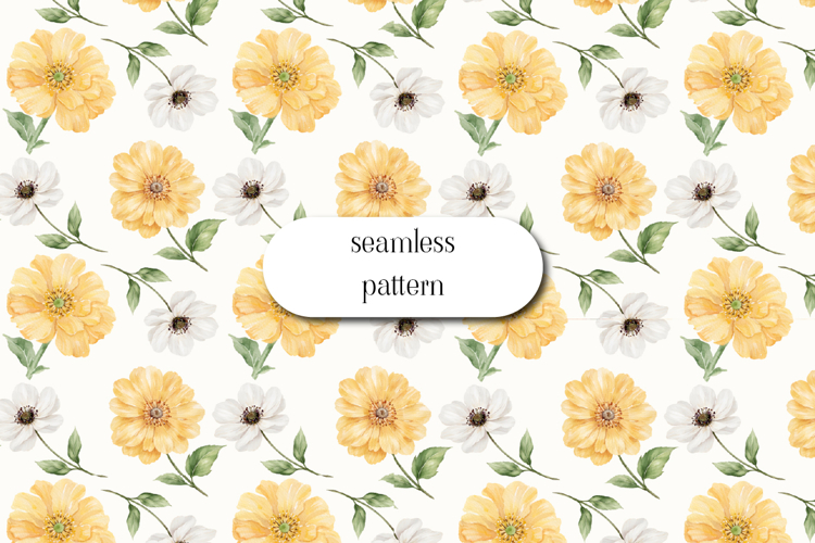 Yellow White Floral Seamless Watercolor Pattern Design