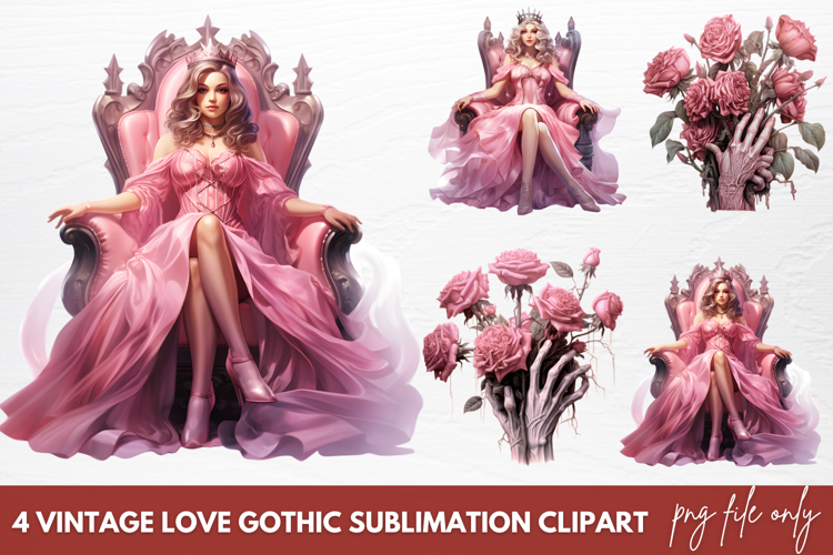 Vintage Love Gothic Sublimation Clipart, Pink Halloween