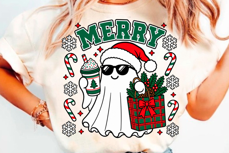 Merry Christmas Ghost T-Shirt Design With Santa Hat