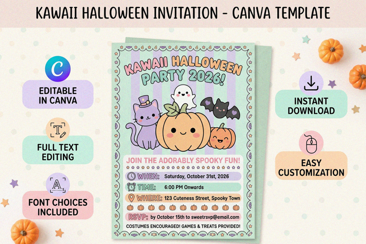 Kawaii Halloween Party Canva Invitation Template