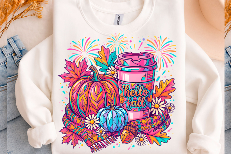 Neon Hello Fall Coffee T-shirt Png