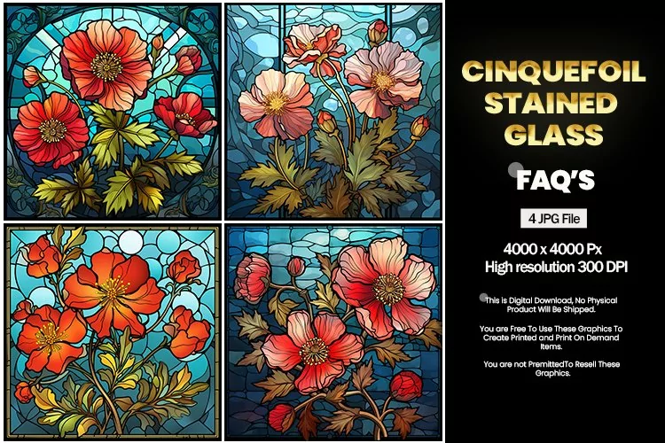 Stained Glass Cinquefoil Square Coaster - 04 Variations