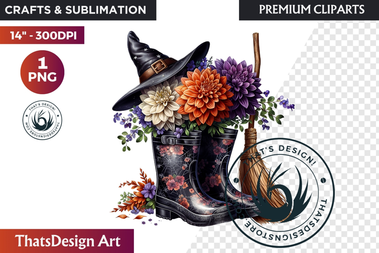 Halloween Floral Rain Boots - Cute Witchy Garden Clipart PNG