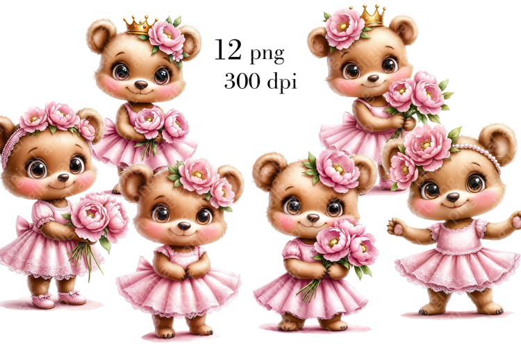 Ballerina Bear Clipart Bundle - Pink Teddy Bear with Peonies