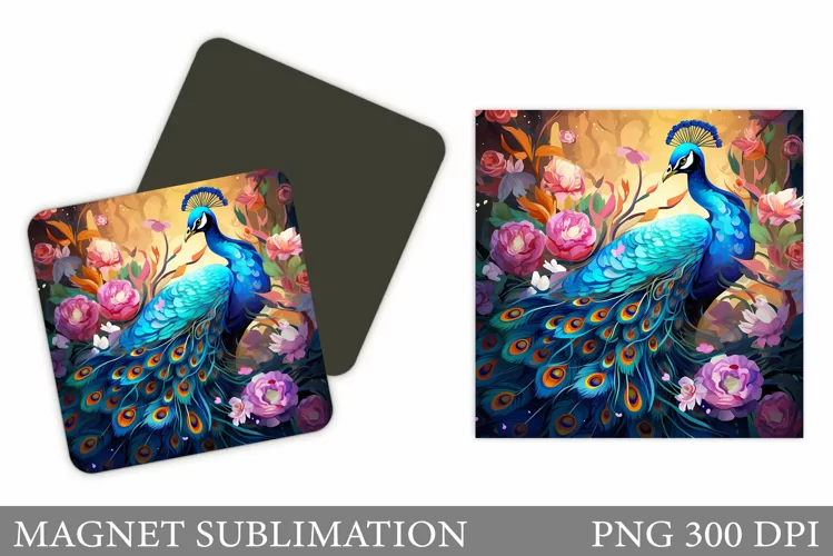 Peacock Magnet Sublimation. Peacock Square Magnet Design