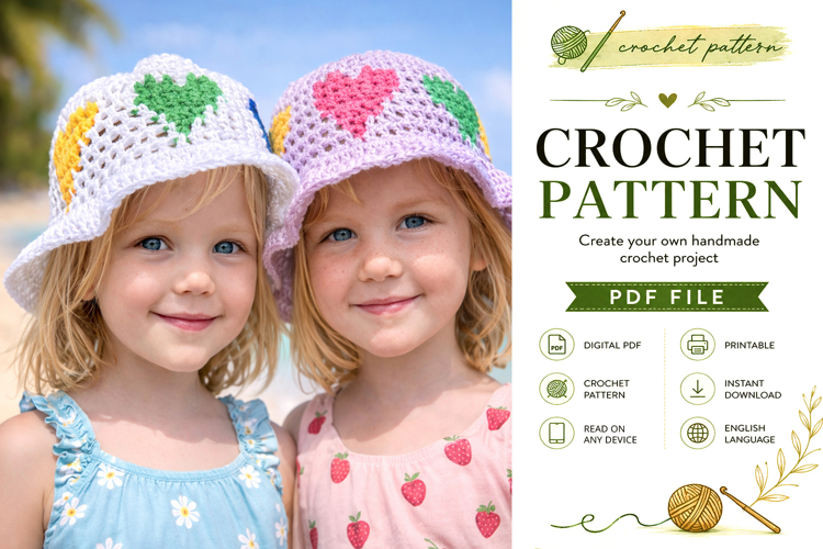 Heart Motif Kids Crochet Sun Hat Pattern PDF
