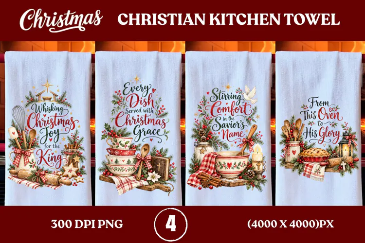 4 Christian Christmas Kitchen Towel PNGs, 4 Jesus Christmas
