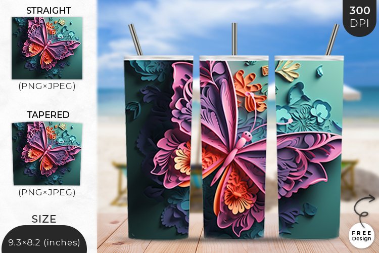 3D Butterfly Tumbler Wrap| 3D Sublimation Wrap Design