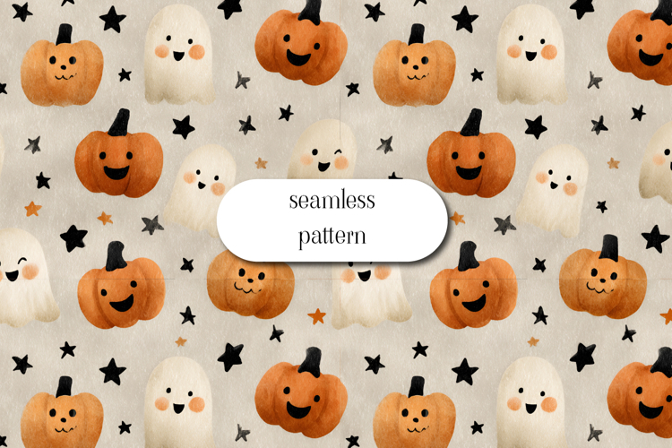 Cute Halloween Pumpkins Bats Ghosts Seamless Pattern Art example image 1