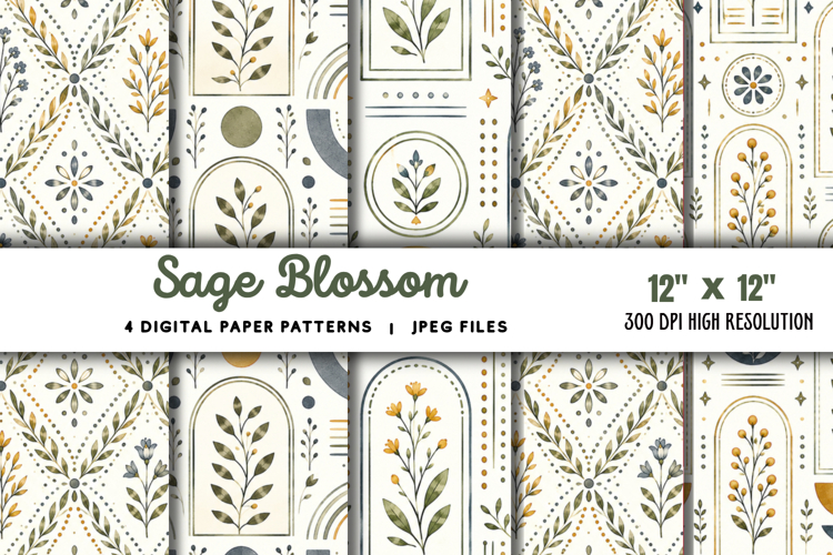 Sage Blossom Watercolor Digital Papers JPG