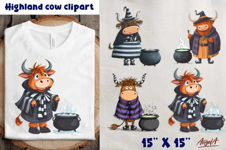 Halloween Highland cow with witch hat, cauldron clipart PNG