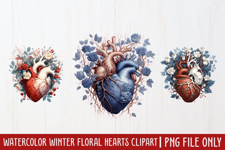 Watercolor Christmas Floral Hearts Clipart