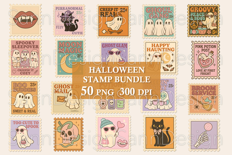 Cute Halloween Stamp Clipart Bundle, Pastel Retro Halloween